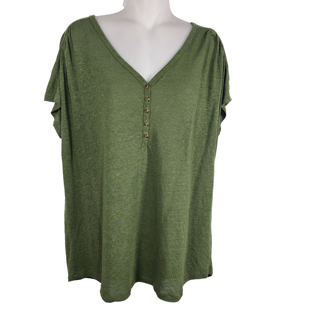 Old Navy Womens Loose V Neck Linen Blend Henley T Shirt Green Large Short Dolman